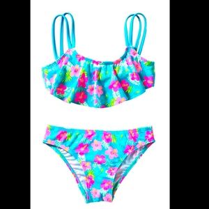 Girls' Ruffle Flower Print Two Piece Swimsuit Set